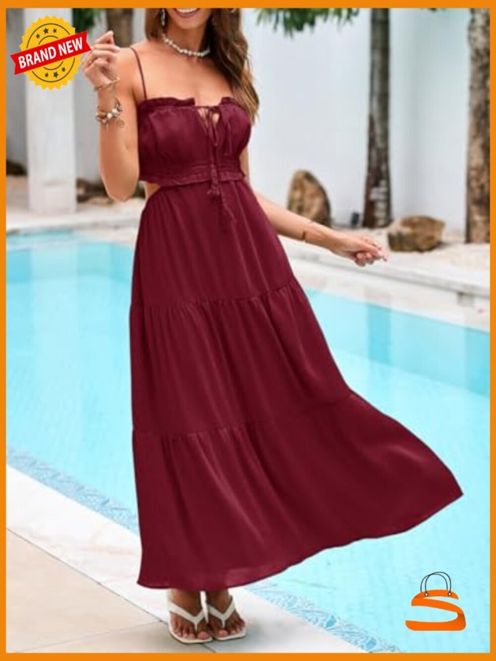 Spaghetti Strap Maxi Dress Side Cut Out Sleeveless Long Boho Backless - Picture 4 of 7